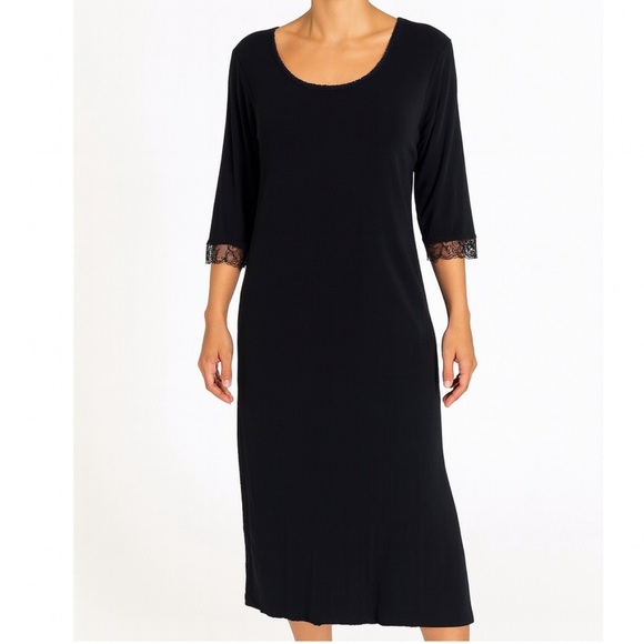 J. Jill maxi dress black slinky 3/4 sleeve lettuce trim lace arms stretch SZ LG - Picture 1 of 9